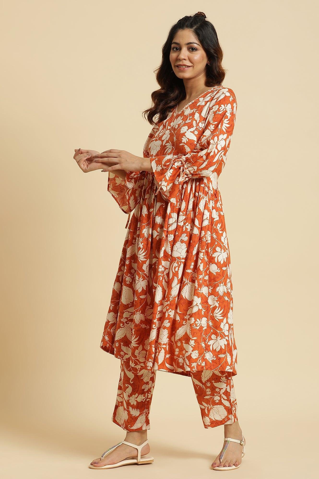 Dark Orange Floral Printed Kurta & Pants Co-Ord Set - Image 6
