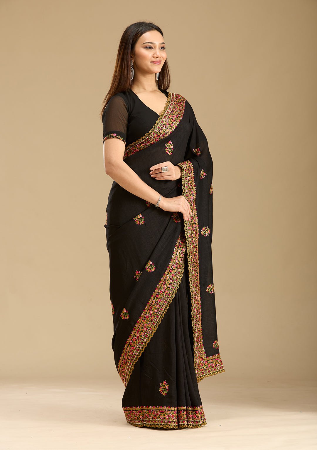Black Kashmiri Soft Raw Silk Saree - Image 3